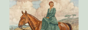 Vrouw in groene jurk in dameszit op een bruin paard.