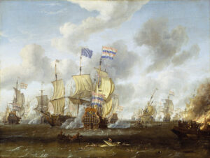 Veldslag met grote zeilschepen. Tussen de schepen de rook van de kanonnen. Boven in de masten fier de dubbelen prinsenvlag en de blauwe Engelse vlag. Rechts voor staat een schip in brand, midden voor een sloep en tussen het brandende schip en de sloep mensen die zich vasthouden aan wrakhout of verzuipen.