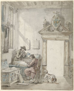 Interieurscène met schrijvende man aan een lessenaar; links een openstaande geldkist en een wachtende man; rechts een deur met in de omlijsting een familiewapen. Boven op een bal een maatverdeling in voeten(?).