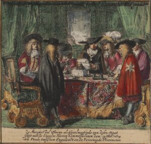 Ingekleurde prent. Mannen met grote hoeden en indrukwekkende krullen staan om een tafel. Tekst eronder: "de Marquis del Fresno als gevolmagtigde van desen staat sluijt met de Engelse Heer Commissarissen den 19 Febr 1674 den Vrede tuschen Engelandt en de Verenigde Provincien"