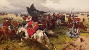 Een strijdveld vol met paarden. Op de voorgrond een Turk met een tulband in een rode jas en een krom zwaard in zijn hand, die af stormt op een Pool met een helm en een langs. Achter hun zwaait iemand met een zwarte vlag met daarop een halve maan.