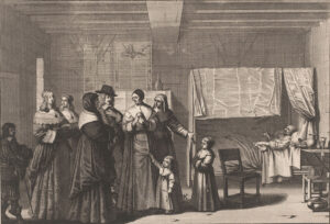 Gravure met links een groep nette mensen. Achteraan een jongen in het donker. Voor hem twee jonge dames met lange jurken met kanten kraag met daarop een medaillon en hun handen in een mof. Voor hun een oudere vrouw in het zwart. Naast haar een jonge man met krullen en een hoed. Ze praten met twee vrouwen, waarvan de ene haar handen gevouwen heeft en ze kijkt ze verdrietig dramatisch aan. Aan haar rok hangt een klein meisje met een stok in de hand. Achter haar een wat jongere vrouw die kijkt naar de bezoeken de groep, maar haar hand uitsteekt naar een wat ouder meisje die ook haar handen in een mof heeft. Rechts achter hun staat een bed met daarin een zieke man, hij heeft zijn arm op, maar niemand ziet hem. Aan de muur naast hem hangt een plank met daarop een kan, een bord en een glas. Daarnaast een met riet beklede rechte stoel en op de grond staat een brede schaal. Een po?