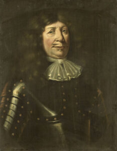 Een schilderij van een man die een binnenpretje lijkt te hebben of stiekem een scheetje heeft gelaten in zijn harnas. Hij heeft lange bruine krullen, zijn wenkbrauwen lijken opgetrokken. Hij heeft een streepsnorretje en een kneveltje op zijn kin. Om zijn nek zit een wit sjaaltje geknoopt. Hij draagt een harnas. NB we zijn het niet helemaal eens over zijn gezichtsuitdrukking. Door andere redacteuren wordt genoemd: trots, zelfverzekerd, zelfingenomen, arrogant, verveeld en alsof hij spijt dat hij zijn snor heeft laten staan voor het portret....