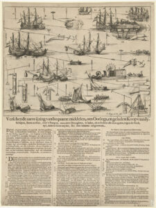 Blad met een overzicht van de verschillende middelen en manieren om schepen over het Pampus (of andere droogten) heen te halen. Op het blad onder de plaat staat de uitleg van de methodes in 3 kolommen. De prent is opgevouwen geweest en met de hand geadresseerd aan de heer Dirk Mels te Amsterdam.