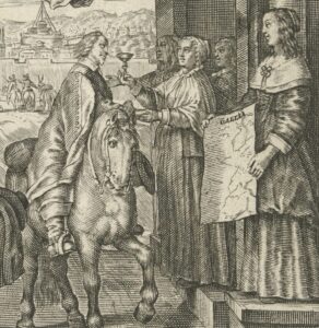 Een man te paard neemt een glas wijn aan van een vrouw die op een stoepje staat. Naast haar staat een vrouw met een landkaart waarop Gallia staat.