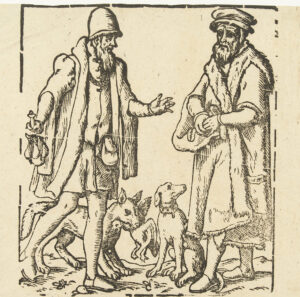 Twee mannen, links de geldschieter met een vos met een vogel in de bek en rechts de burger met een hond.