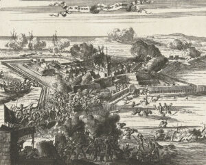 Verovering van Nieuweschans door de Staatse troepen onder Rabenhaupt op het Bisschoppelijke leger in de nacht van 21 op 22 juli 1673. Gevechten rond het fort. Op de vogrond de bestorming en kanonnen die de vesting beschieten. Links een roeiboot met aanvallers, op de achtergrond schietende zeilboten.