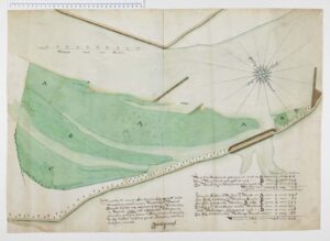 Plattegrond met drie groene vlakken die langs een lijn die schuin omhoog loopt. Rechts boven een windroos (Noord is rechtsonder) onder de kaart tekst in een oud handschrift.