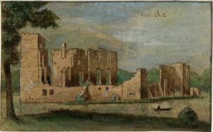 Ingekleurde tekening van de ruïne van een kasteel. Het kasteel staat in de gracht en daar vaart een bootje met één persoon erin. Rechts boven in de lucht staat 'ter Aa'