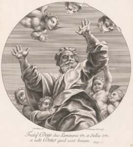 Gravure van onderaf van een man met korte krullen en een baard die naar beneden kijkt en zijn handen ten hemel steekt (of wacht, hij is waarschijnlijk al in de hemel... omhoog dan). Een Engeltje vliegt boven hem, twee kijken om het bovenste randje en vier Engeltjes verschuilen zich achter hem en aan zijn zijde.