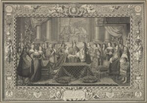 Een elegant gezelschap staat in een kerk voor het altaar. In het midden een bisschop die de infante Maria Theresia van Oostenrijk, gekleed in een hermelijnen mantel met fleur de lis en Lodewijk XIV, gekleed in een mantel met het Maltezer kruis, trouwt. Voor hun een tafel met twee stoelen die ook bekleed zijn met fleur de lis.