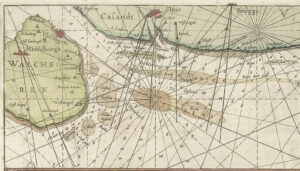 Kaart met links een soort rond eiland: Walcheren. Bovenaan Vlissingen, Rechts o.a. Zoutelande en Westkapelle. Bovenaan ligt nog een andere kust met Casandt, Sluys en Brugge. In de zee liggen zandbanken. De kaarten is doorsneden met allemaal lijnen met cijfers erbij.
