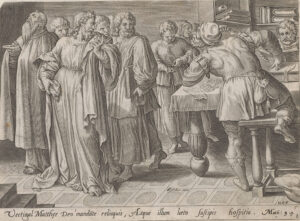 Christus passeert met zijn leerlingen de tollenaar Matteüs en vraagt hem hem te volgen. Matteüs staat op van zijn bank en verlaat de tafel waar hij belasting int. Onder de voorstelling een verwijzing in het Latijn naar de Bijbeltekst in Mat. 9:9. Deze prent maakt deel uit van een album.