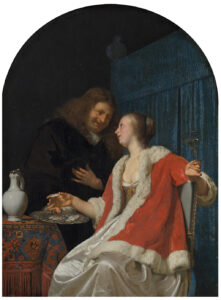 Een man probeert een vrouw te verleiden door haar oesters aan te bieden, een lustopwekkende delicatesse. De man (Van Mieris zelf) heeft succes: de vrouw (Van Mieris’ echtgenote) toont hem uitdagend haar boezem.