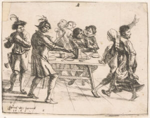 Linksvoor staan een man met een fluit en een man met een viool. Rechtsvoor dansen een man en een vrouw hand in hand, de man heeft zijn hand in de lucht. Daarachter een tafel met borden en een kan. Achter de tafel zit een stelletje innig omarmd. Daarachter staat een stel dichter op elkaar te dansen dan bij mijn schoolfeesten toegestaan was.