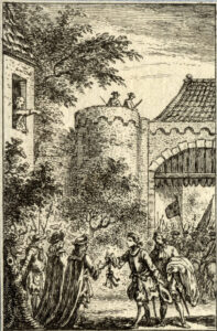 Rechts een stadspoort waardoor soldaten te paard vertrekken. Rechts voor twee Fransen die de hoed afgenomen hebben en een sleutelbos overhandigen aan drie heren met capes en hoeden.