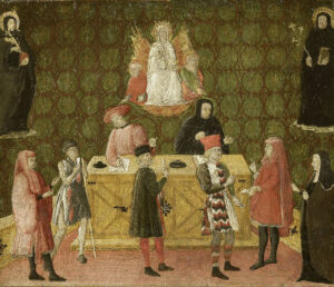 Bicchernablad. Het kantoor van de belastingsdienst (biccherna) van Siena. Achter een tafel zitten de belastingsontvanger (camarlingo) en zijn collega. Voor de tafel staan zes verschillende personen. Op de achterwand een schildering of verschijning van Maria Assunta geflankeerd door de heilige Bernardino van Siena en de heilige Catharina van Siena. Geheel rechts en geheel links op verhogingen de figuren van twee zalige leden van de Servietenorde.