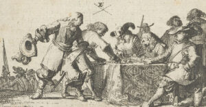 Gravure van twee soldaten bij een tafel. De een probeert de andere weg te houden bij de tafel waarop geld ligt. Achter de tafel zitten mannen die zichzelf erg belangrijk lijken te vinden. Eén van hen schrijft in een boek.