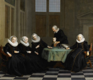 Ter weerszijden van een kleine achthoekige lage tafel met zachtgroen kleed zitten vier zwartgeklede, witgemutste en -gekraagde dames, een ter rechter en drie op een rij ter linkerzijde. Achter de tafel presenteert een dito geklede doch niet met bont gegarneerde vrouw een half rood, half zwart gekleed klein weesmeisje, beide staande naar links. Donker grijsgroen vertrek met twee hooggeplaatste lichtloze glas-in-lood ramen en geopende deur rechts. De dame rechts heeft schrijfgerei naast zich op tafel, doch zit rustend met de dominerende blik op de beschouwer gericht. Koel, stemming licht. Wit-zwart getegelde vloer.