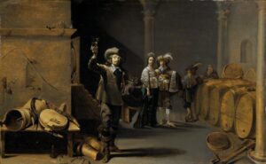 De wijnproevers. In een wijnkelder houdt een man een glas met wijn tegen het licht. Rechts een rij wijnvaten, op de achtergrond kijken een man en een vrouw toe. Links op een houten bank liggen allerlei soorten gereedschap: emmers, slangen, blaasbalg etc.