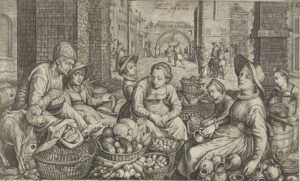 Marktscène met marktvrouwen en verkopers van groenten, kaas, gevogelte, brood, boter en aardewerk, links een kalfje. Scène in een stad. Op de achtergrond de parabel van de arbeiders in de wijngaard. Met onderschrift van 2 verzen van elk 4 regels in het Latijn.