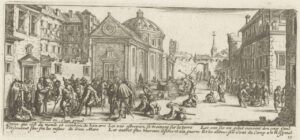 Op een zuideuropees aandoend plein staat, zit en kruipt een groep mannen naar een poort links. Op de achtergrond een basiliek en de stadspoort, op het midden van het plein een put.