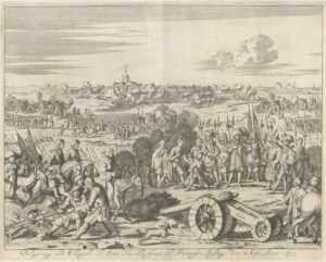 Belegering en verovering van Naarden door de prins van Oranje, 12 september 1673. Op de voorgrond het transport van kanonnen. In het midden knielt de burgemeester van Naarden voor de prins die wordt omringd door zijn staf van officieren. In de verte het beleg en de bestorming van de stad.