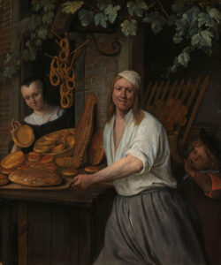 Portretten van de Leidse bakker Arent Oostwaard (Arend Oostwaert) en zijn vrouw Catharina Keizerswaard (Catharina Keyzerswaert) met allerlei verschillende soorten vers gebakken brood (broodjes, krakelingen, kadetten, duivekater) voor de bakkerij. In de deur van de bakkerij blaast een jongetje op een hoorn. Volgens een opschrift op de achterzijde van het schilderij gaat het hier om het zoontje van de schilder, Thaddeus, op 7 jarige leeftijd. Boven de deur groeien wijnranken.