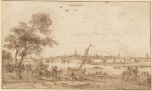 Een bruine tekening met op de voorgrond de oever van een rivier, links bosjes met een boom, rechts alleen bosjes. Op de rivier een zeilboot in het midden en daarachter wat minder goed uitgewerkte roeiboten. Aan de overkant van de rivier ligt een stad met een stadsmuur met torens en poorten. Boven de stad steken verschillende kerktorens uit, rechts een molen.
