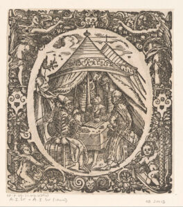 Prent van een man in een tent die aan een tafel zit. Hij noteert iets in een boek en op tafel ligt geld. Aan de andere kant van de tafel zit een soldaat op een kist met een dolk op zijn rug. Daarnaast staat een soldaat met een zwaard aan zijn zijde en een dolk op zijn rug. De afbeelding is rond en eromheen is een soort lijst getekend met putti, engeltjes en plantachtige figuren.
