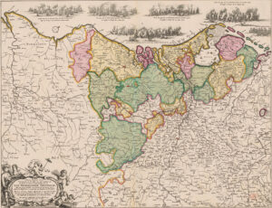 Kaart van de Nederlanden en delen van de omringende landen met het Noorden rechts boven. Op de kaart is een lijn ingetekend die aangeeft welke gebieden de Republiek in 1672-73 aan Frankrijk en haar bondgenoten verloor en welke gebieden behouden bleven. Boven de kaart zijn in zee de zeeslagen uit de jaren 1672-1673 voorgesteld. Linksonder de titelcartouche, daaronder een schaalstok: Dit is 20 Uren Gaens, of 15 Duytsche Mylen.