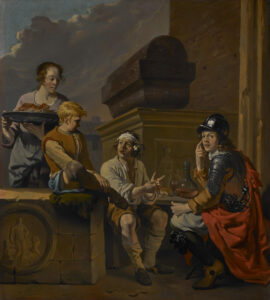 In een klassieke ruïne zitten twee mannen aan een tafel. Rechts een soldaat met een helm op en een kuras aan. Hij draagt een rode cape, heeft de wijsvinger van zijn rechterhand op zijn wang en kijkt ons aan. tegenover hem zit een jonge man met een witte doek om zijn hoofd en slordige kleren en afgezakte kousen. Op een steen zit een jonge man met zijn rechterbeen opgetrokken ter luisteren naar de man met de lap om zijn hoofd. Op tafel staat een fles wijn, een glas wijn en er ligt een stuk brood. Links staat een vrouw met een grote schaal waarop waarschijnlijk vlees ligt.