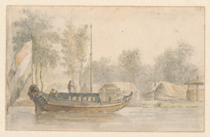 De prinselijke boot (met een heel grote driekleur) vaart rustig langs wat wat boeren schuren lijken t e zijn.