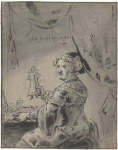 Een tekening van een elegant geklede vrouw aan een tafel, in haar rechterhand heeft ze een pop. Tegen de muur hangen ook een paar poppen.