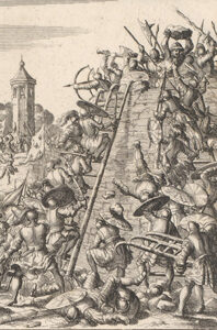 Gravure van een stadsmuur waar soldaten tegenop proberen te klimmen. Ze hebben ladders bij zich met grote haken aan de bovenkant, die ze aan de muur kunnen hangen. Ze klimmen naar boven met hun schilden en zwaarden. Bovenop de muur worden ze opgewacht door soldaten, die stenen, bijlen, pijl en boog, zwaarden en wat ze maar kunnen vinden, gebruiken om de klimmers tegen te houden.
