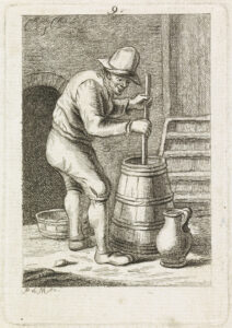 Staande man die boter aan het karnen is. Onderdeel van een reeks illustraties van volksklederdrachten uit 1779.