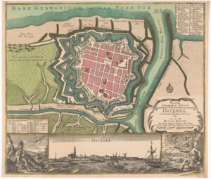 Plattegrond van oostende. De bastionstructuur is duidelijk te zien. Aan de bovenkant de Noordzee en het strand, rechts de haven. Onder de plattegrond staan een paar gravures.