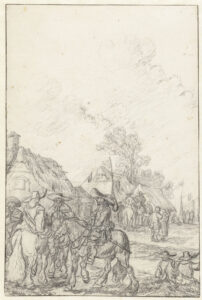 Schets met op de voorgrond links soldaten te paard die staan te kletsen. Rechts zitten twee soldaten op de grond. De soldaten staan voor een klein boerderijtje. Op de achtergrond meer mensen en ruiters en verschillende tenten.