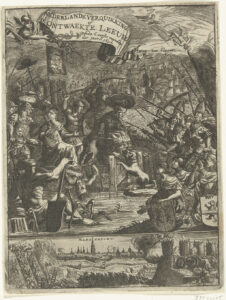 Titelpagina voor: Nederlands verquikking, of d'ontwaekte leeuw, 1673. Allegorische voorstelling over de positie van de Republiek tijdens het eerste halfjaar van 1673. De Hollandse Tuin aan alle kanten aangevallen door de Engelsen, Munstersen en de Franse koning Lodewijk XIV. De Franse koning houdt de provincies Gelderland, Overijssel en Utrecht gevangen aan kettingen. Links komt prins Willem III de Nederlandse Maagd te hulp. Onderaan het beleg van Maastricht door de Fransen.