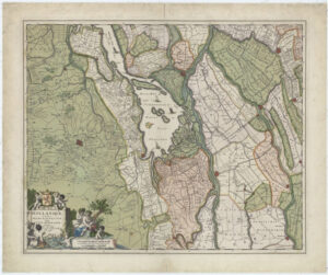 Antieke topografische kaart van West-Brabant, destijds onderdeel van het gewest Holland met daarop de cultuur-historische regio's te zien. Links op de kaart ligt de Baronie van Breda, dan de Langstraat, dan het Land van Altena en vervolgens een deel van het gewest Gelderland.