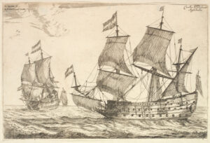 Gravure van twee grote zeilschepen. Het enge vaart naar links en heeft drie zeilen en de fok gehesen. Het ander vaart van ons af achter een andere schip aan. Beide schepen hebben een vlag met drie banen, waarschijnlijk de Hollandse driekleur. Bij de schepen is duidelijk te zien dat de luiken van de kanonnen open staan.