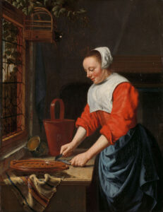Een meid met een frisse blos op haar wangen maakt vis (?) schoon voor een raam. Ze draagt een wit kapje en een witte kraag, een rood jak en een blauw schort. Voor het raam hangt een vogelkooitje. Op de tafel staan een emmer een aardewerken vergiet en een pot die scheef ligt.
