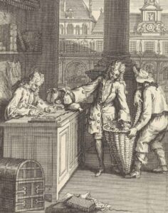 Gravure van twee mannen die met een bij een grote mand staan, daar zakjes uithalen en die overleggen aan iemand die nauwkeurig aantekeningen maakt met een ganzenveel. Op de voorgrond staat een grote (geld)kist.