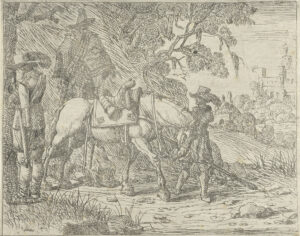 Gezicht op een landschap met gezadeld paard, twee soldaten en een derde figuur met hoed op de achtergrond. Links plast een soldaat tegen een boom terwijl de tweede soldaat het paard bij de teugels vasthoudt.