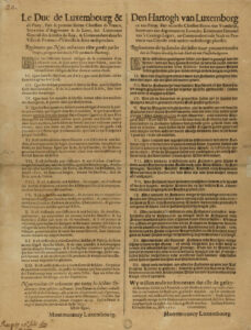 Een plakkaat van de hertog van Luxemburg met links de regels in het Frans en rechts in het Nederlands. In het document staan zowel rechten van officieren en soldaten als van burgers.