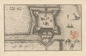 Vestingplattegrond van Fort Gouwsluis bij Alphen aan den Rijn. Het is een vierkant fort met op elke hoek een bastion. Rechts ligt de Rijn, links en onder weilanden, naar links stroomt de Gouwe. Onderaan het fort hangt een extra dubbelbastion. Dichtbij het fort vier puntjes naast elkaar en daarvoor nog een punt.