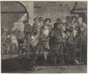 Een gravure van allemaal mannen rond een tafel en ze hebben bijna allemaal een glas wijn in de hand. Ze zijn allemaal met andere dingen bezig. Op de voorgrond een bankje waar niemand op zit, maar er staat wel een halfvolle karaf op. Op de grond ligt een fles, een glas en andere rotzooi. Op de achtergrond zijn mannen aan het vechten.
