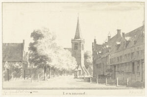 Tekening (gewassen pentekening) van het 18e eeuws Lexmond:: een pleintje met bomen en een pomp, daarachter de kerk. Rechts een rijtje huizen en links een poortje en een huis. De andere huizen zijn verborgen achter de bomen. Het is een zonnige dag.