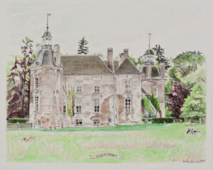 Aquarel van huis hackfort. Voor een weiland waar twee koeien in liggen. Links een ronde toren met een elegant dak met een windvaan erop. Daarnaast het huis met diverse daken en schoorstenen. Rechts op de achtergrond een tweede, lagere toren met vergelijkbaar dak en windvaan. Achter het kasteel zijn bossages in diverse kleuren groen en roodbruin.