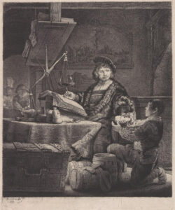 Een chicque geklede man zit achter een tafel met een groot boek voor zich en rechts naast zich een weegschaal. Links naast hem knielt een jongen op de grond aan wie hij een zak met geld geeft.